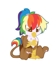 Size: 942x1080 | Tagged: safe, artist:fuyusfox, oc, oc only, oc:rainbow feather, griffon, bandaid, chibi, crying, cute, interspecies offspring, magical lesbian spawn, offspring, parent:gilda, parent:rainbow dash, parents:gildash, paw pads, simple background, solo, transparent background