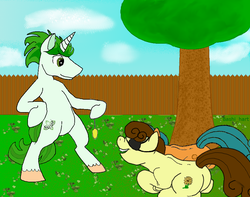 Size: 914x722 | Tagged: safe, artist:bashi_hart, oc, oc only, oc:black-eyed susan, oc:mint melody, oc:ritz crackers, pony, 1000 hours in ms paint, bipedal, hypnosis, ms paint, pendulum swing, pocket watch, standing