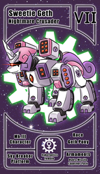 Size: 800x1399 | Tagged: safe, artist:vavacung, sweetie belle, pony, robot, robot pony, unicorn, g4, bucue, commission, cutie mark, decepticon, female, filly, foal, gears, gundam, hooves, horn, mecha, pactio card, smiling, solo, sweetie bot, text, transformers, weapon