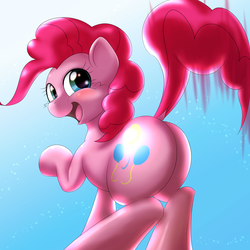 Size: 1000x1000 | Tagged: safe, artist:ushiro no kukan, pinkie pie, earth pony, pony, g4, balloonbutt, butt, chubby, dock, female, looking back, mare, plot, solo, the ass was fat