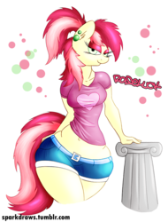 Size: 700x923 | Tagged: safe, artist:sparkdraws, roseluck, anthro, g4, alternate hairstyle, bedroom eyes, belly button, clothes, column, ear piercing, female, high ponytail, midriff, piercing, ponytail, shorts, solo, t-shirt, wide hips