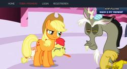 Size: 823x451 | Tagged: safe, screencap, apple bloom, applejack, discord, g4, make new friends but keep discord, carousel boutique, discovery family, discovery family logo, logo, raspberry, tongue out