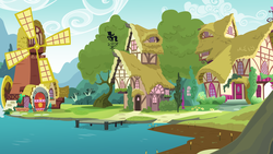 Size: 5333x3000 | Tagged: safe, artist:kooner-cz, one bad apple, absurd resolution, background, fishing, house, no pony, pier, ponyville, sweetie belle's house, tree, vector, windmill