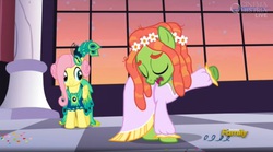 Size: 1658x924 | Tagged: safe, screencap, fluttershy, tree hugger, earth pony, pegasus, pony, g4, make new friends but keep discord, season 5, clothes, discovery family, discovery family logo, dress, female, gala dress, hippie horse noises, horse noises, logo, mare, wavy mouth