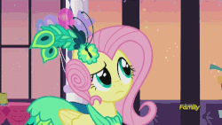Size: 500x281 | Tagged: safe, screencap, fluttershy, pegasus, pony, g4, make new friends but keep discord, season 5, :i, animated, discovery family, discovery family logo, female, gif, solo, we bought two cakes