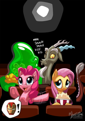 Size: 955x1351 | Tagged: safe, artist:mysticalpha, discord, fluttershy, pinkie pie, smooze, g4, make new friends but keep discord, cinema, cute, diapinkes, exclamation point, iron man, open mouth, pictogram, popcorn, shipping, smoozcord, speech bubble, that was fast