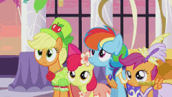 Size: 500x281 | Tagged: safe, screencap, apple bloom, applejack, rainbow dash, scootaloo, g4, make new friends but keep discord, animated, discovery family, discovery family logo, female, scrunchy face