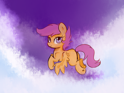 Size: 1024x768 | Tagged: safe, artist:nerdponymod, scootaloo, pegasus, pony, g4, blank flank, cute, cutealoo, female, filly, foal, looking at you, looking back, scootaloo can fly, sky, smiling, solo, underhoof