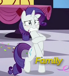 Size: 443x485 | Tagged: safe, screencap, rarity, g4, make new friends but keep discord, assisted exposure, clothing theft, covering, cropped, discovery family logo, embarrassed, naked rarity, we don't normally wear clothes