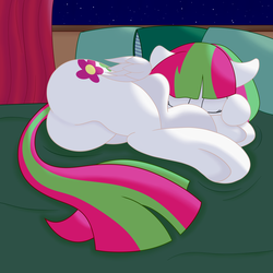 Size: 3000x3000 | Tagged: safe, artist:joey, artist:pepperoach, blossomforth, pegasus, pony, g4, butt, flexible, high res, mare pony, plot, sleeping, stretching, underhoof