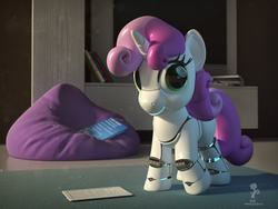 Size: 2048x1536 | Tagged: safe, artist:expir, sweetie belle, pony, robot, robot pony, unicorn, g4, 3d, 3ds max, beanbag chair, blank flank, book, cute, diasweetes, female, filly, foal, hooves, horn, looking at you, pose, smiling, solo, sweetie bot, tablet