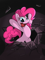Size: 768x1024 | Tagged: safe, artist:secoh2000, pinkie pie, earth pony, pony, g4, bipedal, broken screen, female, fourth wall, open mouth, solo