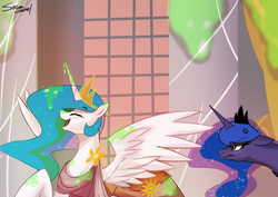 Size: 2047x1447 | Tagged: safe, artist:sakuracheetah, princess celestia, princess luna, smooze, alicorn, pony, g4, make new friends but keep discord, angry, eyes closed, female, laughing, mare, ooze, open mouth, slime, that was fast