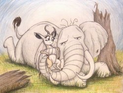 Size: 1029x776 | Tagged: safe, artist:thefriendlyelephant, oc, oc only, oc:mmiri, oc:obi, antelope, elephant, springbok, africa, animal in mlp form, belly button, big ears, cloven hooves, duo, funny, grass, horns, log, lying down, serious face, tarzan, traditional art, tree