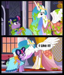 Size: 631x743 | Tagged: safe, edit, edited screencap, screencap, princess celestia, smooze, twilight sparkle, alicorn, pony, g4, make new friends but keep discord, clothes, discovery family logo, dress, duo, female, gala dress, implied fetish, mare, slime, twilight sparkle (alicorn)