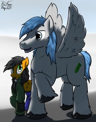 Size: 1014x1280 | Tagged: safe, artist:the-furry-railfan, oc, oc only, oc:featherweight, oc:twintails, pegasus, pony, fallout equestria, fallout equestria: occupational hazards, clothes, couple, giant pony, pipbuck, size difference, unshorn fetlocks