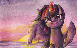 Size: 800x501 | Tagged: safe, artist:antych, twilight sparkle, alicorn, pony, g4, crying, female, looking at you, mare, solo, tears of joy, traditional art, twilight sparkle (alicorn)