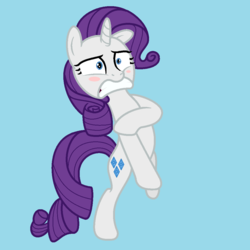 Size: 1050x1050 | Tagged: safe, artist:peternators, rarity, pony, unicorn, g4, make new friends but keep discord, assisted exposure, bipedal, blue background, blushing, clothing theft, embarrassed, female, ms paint, naked rarity, nudity, simple background, solo, we don't normally wear clothes