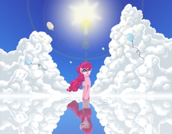 Size: 4200x3300 | Tagged: safe, artist:template93, pinkie pie, g4, balloon, cloud, cloudy, duality, female, pinkamena diane pie, reflection, sky, solo, story included, sun, water