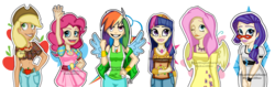 Size: 3573x1126 | Tagged: safe, artist:antych, artist:dabacillus, applejack, fluttershy, pinkie pie, rainbow dash, rarity, twilight sparkle, human, g4, belly button, collaboration, front knot midriff, humanized, mane six, midriff, watermark