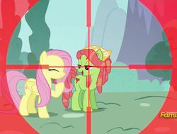 Size: 1414x1073 | Tagged: safe, screencap, fluttershy, tree hugger, earth pony, pegasus, pony, g4, make new friends but keep discord, cropped, crosshair, discovery family logo, duo, duo female, eyes closed, female, folded wings, lidded eyes, mare, open mouth, outdoors, periscope, pink mane, pink tail, shadow, smiling, standing, tail, two toned mane, two toned tail, wings