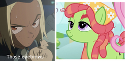 Size: 1115x540 | Tagged: safe, screencap, fluttershy, tree hugger, g4, make new friends but keep discord, my little pony: friendship is magic, anime, cropped, eyebrows, flcl, image macro, kitsurubami, meme