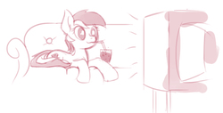 Size: 2516x1283 | Tagged: artist needed, safe, roseluck, earth pony, pony, g4, couch, cute, drink, female, mare, monochrome, prone, solo, straw, television