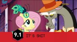 Size: 1022x560 | Tagged: safe, edit, edited screencap, screencap, discord, fluttershy, g4, make new friends but keep discord, clothes, dress, duo, gala dress, hat, ign, top hat, tuxedo