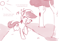 Size: 1415x1000 | Tagged: artist needed, safe, roseluck, earth pony, pony, g4, cute, dancing, female, happy, headphones, lyrics, mare, monochrome, music, music notes, smiling, solo, sun, tree
