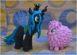 Size: 800x576 | Tagged: safe, artist:antych, artist:renroyal, queen chrysalis, oc, oc:fluffle puff, g4, brushable, customized toy, irl, photo, toy