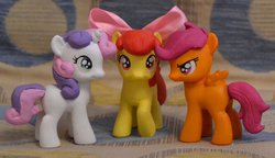 Size: 800x460 | Tagged: safe, artist:antych, apple bloom, scootaloo, sweetie belle, g4, brushable, customized toy, cutie mark crusaders, irl, photo, toy