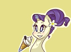 Size: 800x584 | Tagged: safe, artist:von-seay, rarity, g4, alternate hairstyle, blushing, cute, female, flower, flower in hair, ice cream, magic, raribetes, simple background, smiling, solo, telekinesis, yellow background