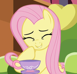 Size: 947x903 | Tagged: safe, screencap, fluttershy, pegasus, pony, g4, make new friends but keep discord, coaster, cropped, eyes closed, female, giggling, laughing, mare, meme, reaction image, solo, teacup