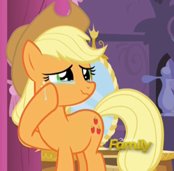 Size: 727x713 | Tagged: safe, screencap, applejack, earth pony, pony, g4, make new friends but keep discord, applejack's hat, cowboy hat, cropped, crying, crying on the outside, female, hat, liquid pride, mare, solo, tears of joy, wavy mouth, wiping tears