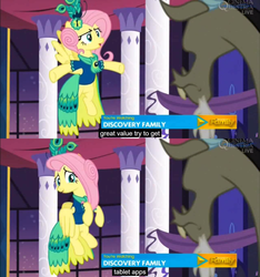 Size: 1600x1710 | Tagged: safe, edit, edited screencap, screencap, discord, fluttershy, g4, make new friends but keep discord, bottomless, caption, clothes, comic, dress, featureless crotch, gala dress, meme, screencap comic, tablet, youtube caption