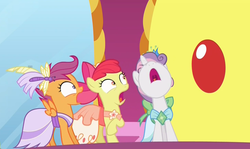 Size: 1451x867 | Tagged: safe, screencap, apple bloom, discord, scootaloo, sweetie belle, draconequus, earth pony, pegasus, unicorn, g4, make new friends but keep discord, clothes, cutie mark crusaders, dress, female, filly, foal, gala dress, horn, male, screaming, trio, trio female