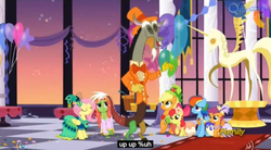 Size: 848x467 | Tagged: safe, screencap, apple bloom, applejack, discord, fluttershy, rainbow dash, scootaloo, tree hugger, g4, make new friends but keep discord, meme, youtube caption