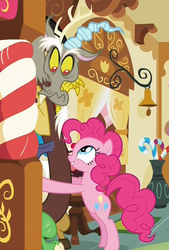 Size: 695x1029 | Tagged: safe, screencap, discord, pinkie pie, draconequus, earth pony, pony, g4, make new friends but keep discord, season 5, annoyed, bipedal, cropped, cute, discord is not amused, discute, duo, duo male and female, female, frown, grin, hape, hug, looking at each other, looking at someone, male, mare, out of context, smiling, stranger danger, sugarcube corner, unamused, wavy mouth