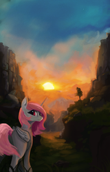 Size: 1600x2500 | Tagged: dead source, safe, artist:hierozaki, princess celestia, fanfic:the stranger and her friend, g4, canyon, fanfic, fanfic art, female, pink-mane celestia, solo, sun, younger