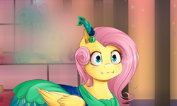 Size: 2000x1200 | Tagged: safe, artist:chiweee, fluttershy, g4, make new friends but keep discord, :i, clothes, dress, female, gala dress, poker face, puffy cheeks, scene interpretation, solo, we bought two cakes