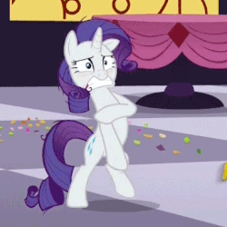 Size: 365x365 | Tagged: safe, edit, edited screencap, screencap, rarity, pony, g4, make new friends but keep discord, animated, assisted exposure, bipedal, clothing theft, covering, cropped, dancing, embarrassed, faic, female, frown, gritted teeth, implied nudity, loop, naked rarity, rarity is best facemaker, reversed, we don't normally wear clothes, wide eyes