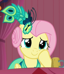 Size: 739x853 | Tagged: safe, screencap, fluttershy, pegasus, pony, g4, make new friends but keep discord, alternate hairstyle, cider mug, clothes, cropped, dress, female, mare, mug, peacock feathers, solo