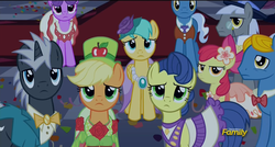 Size: 1920x1032 | Tagged: safe, screencap, apple bloom, applejack, caesar, count caesar, dark moon, graphite, masquerade, north star, perfect pace, perry pierce, pokey pierce, sunshower raindrops, earth pony, pony, unicorn, g4, make new friends but keep discord, background pony, clothes, crowd, dress, frown, group, male, stallion