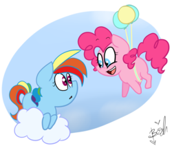 Size: 1606x1363 | Tagged: safe, artist:befishproductions, pinkie pie, rainbow dash, g4, balloon, cloud, cute, female, lesbian, ship:pinkiedash, shipping, signature, simple background, then watch her balloons lift her up to the sky, transparent background