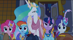 Size: 1920x1042 | Tagged: safe, screencap, lady justice, lyra heartstrings, pinkie pie, princess celestia, rainbow dash, rarity, serena, swift justice, time flies, twilight sparkle, alicorn, pony, g4, make new friends but keep discord, alternate hairstyle, clothes, dress, female, grand galloping gala, mare, twilight sparkle (alicorn)