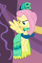 Size: 397x595 | Tagged: safe, screencap, fluttershy, g4, make new friends but keep discord, alternate hairstyle, angry, bottomless, clothes, cropped, crossed arms, dress, female, solo