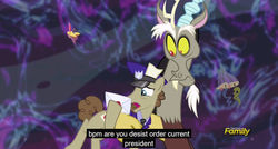 Size: 1600x855 | Tagged: safe, screencap, discord, parcel post, post haste, draconequus, earth pony, g4, make new friends but keep discord, duo, mailpony, male, meme, stallion, youtube caption