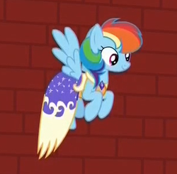 Size: 305x299 | Tagged: safe, screencap, rainbow dash, g4, make new friends but keep discord, alternate hairstyle, clothes, cropped, dress, female, flying, solo