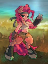 Size: 745x1000 | Tagged: safe, artist:dfectivedvice, artist:firebird145, pinkie pie, earth pony, anthro, unguligrade anthro, g4, badass, bandana, belly button, chest fluff, clothes, female, midriff, peace sign, shorts, solo, tank top