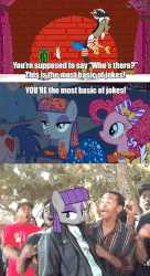 Size: 320x590 | Tagged: safe, screencap, discord, maud pie, orion, pinkie pie, serena, shooting star (character), draconequus, earth pony, human, pony, g4, make new friends but keep discord, season 5, animated, burn, caption, female, gallagher, image macro, impact font, irl, irl human, male, mare, maud being maud, maud burns, owned, photo, pwned, rekt, savage, shots fired, supa hot fire, text, that's the wrong number, you're the most basic of jokes